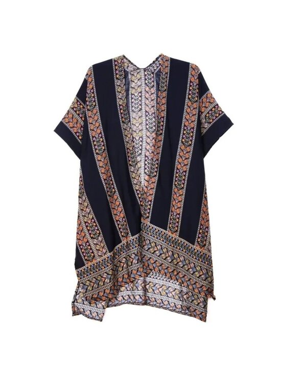 Other - Navy Flower Print Kimono Open Front Wide Sleeves One Size Beach Cover Up Cruise